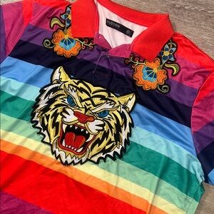 Vibrant Multicolor Striped Polo with Tiger Design
